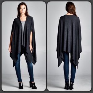 Charcoal Knit Poncho Open Cape Sweater - Med